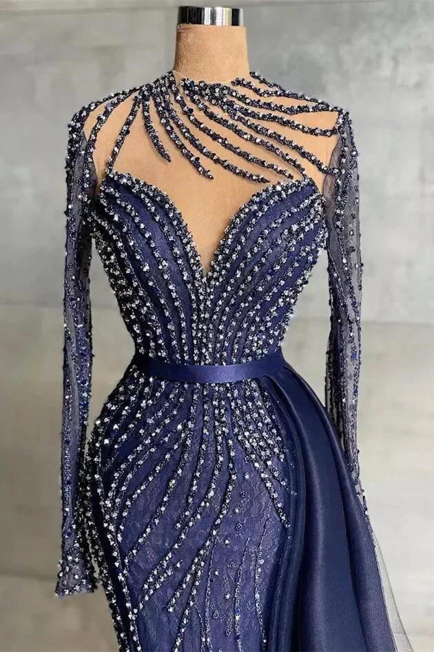 Stylish High Neck Navy Mermaid Evening Dress with Detachable Tulle Train Crystals Beads Long Prom Dress - Image 3