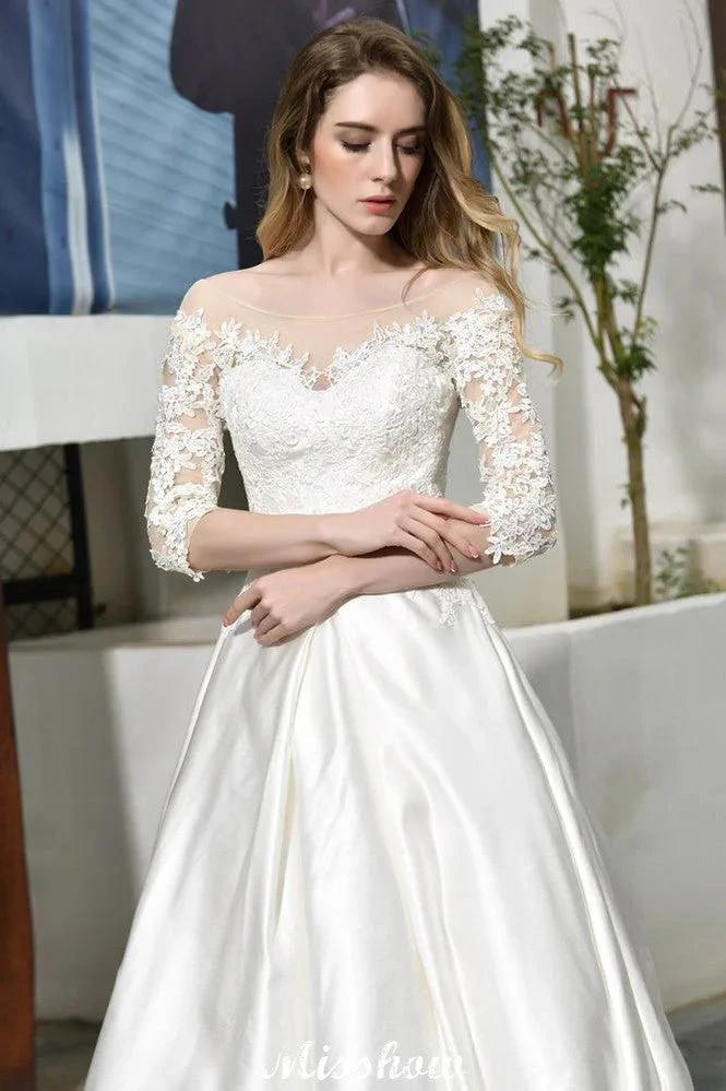 Stylish Lace Appliques Half Sleeves Aline Wedding Dress Floor Length Satin Dress for Bride - Image 10