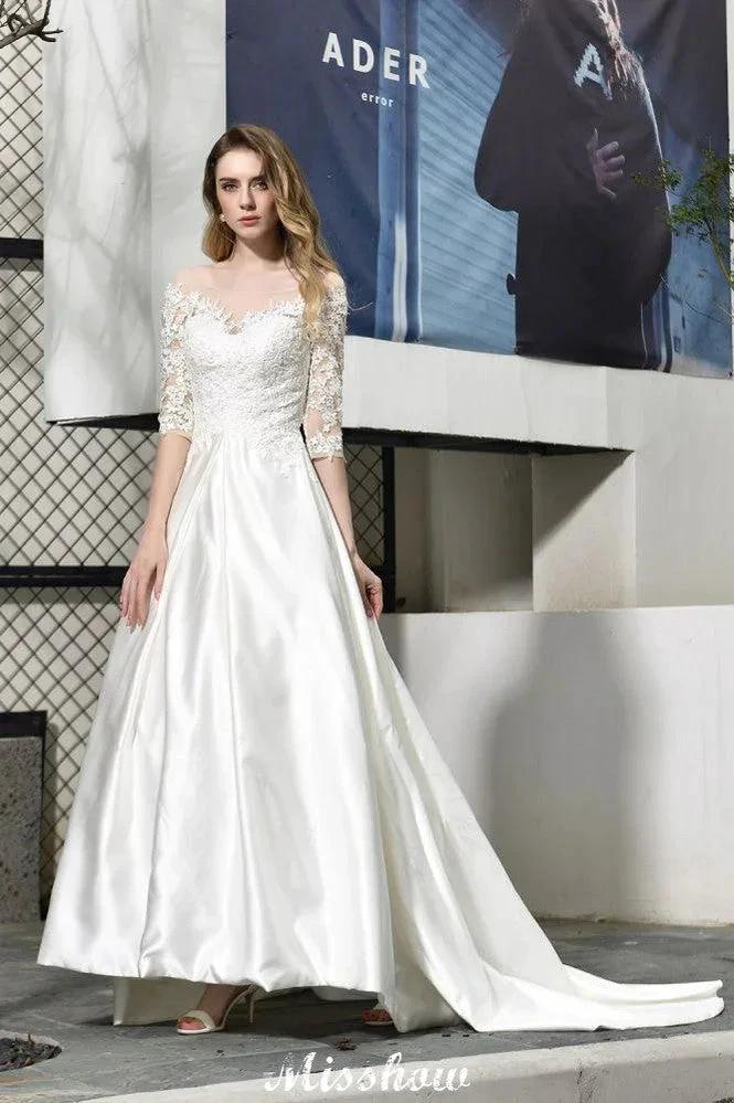 Stylish Lace Appliques Half Sleeves Aline Wedding Dress Floor Length Satin Dress for Bride - Image 2