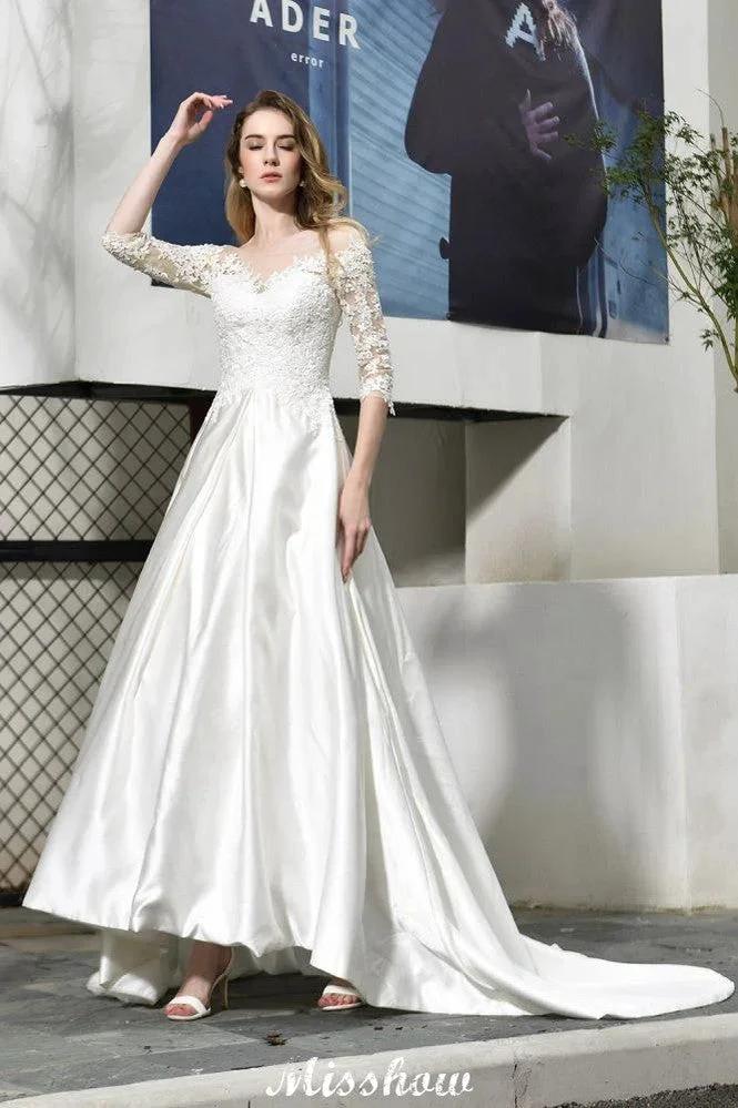 Stylish Lace Appliques Half Sleeves Aline Wedding Dress Floor Length Satin Dress for Bride - Image 3