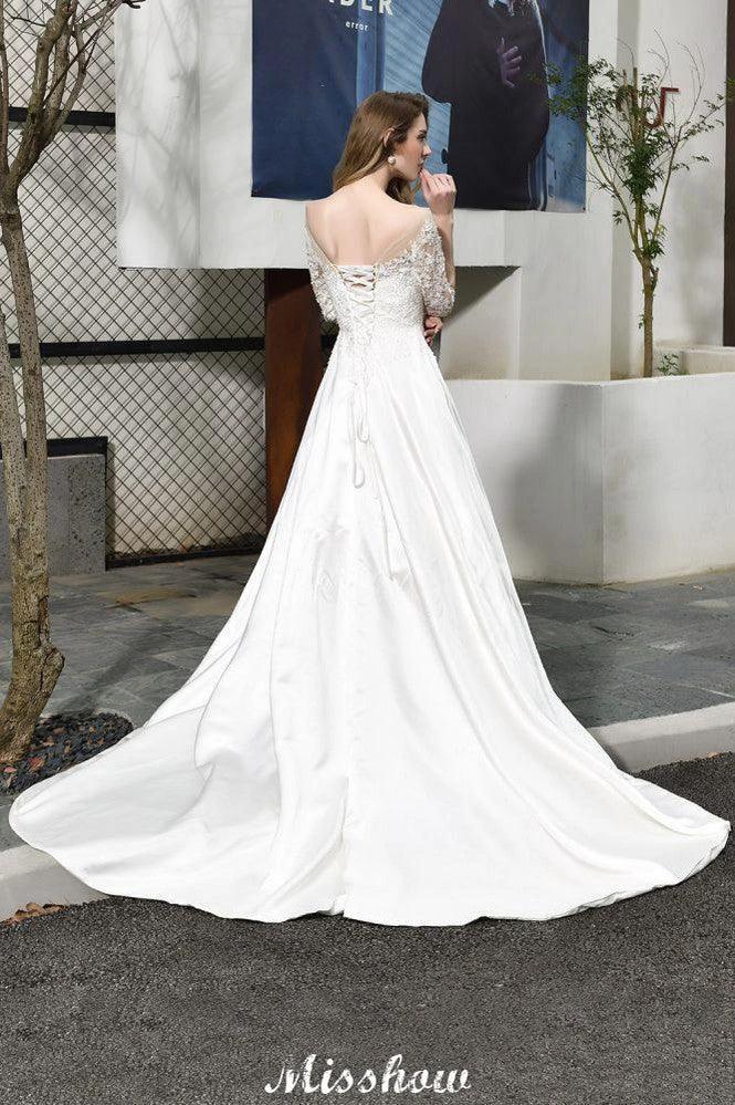 Stylish Lace Appliques Half Sleeves Aline Wedding Dress Floor Length Satin Dress for Bride - Image 4
