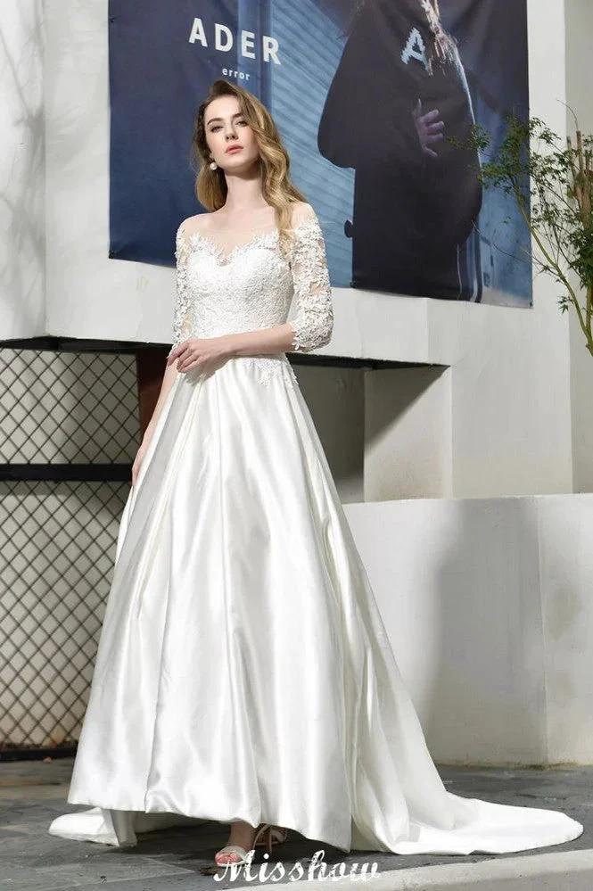 Stylish Lace Appliques Half Sleeves Aline Wedding Dress Floor Length Satin Dress for Bride - Image 5