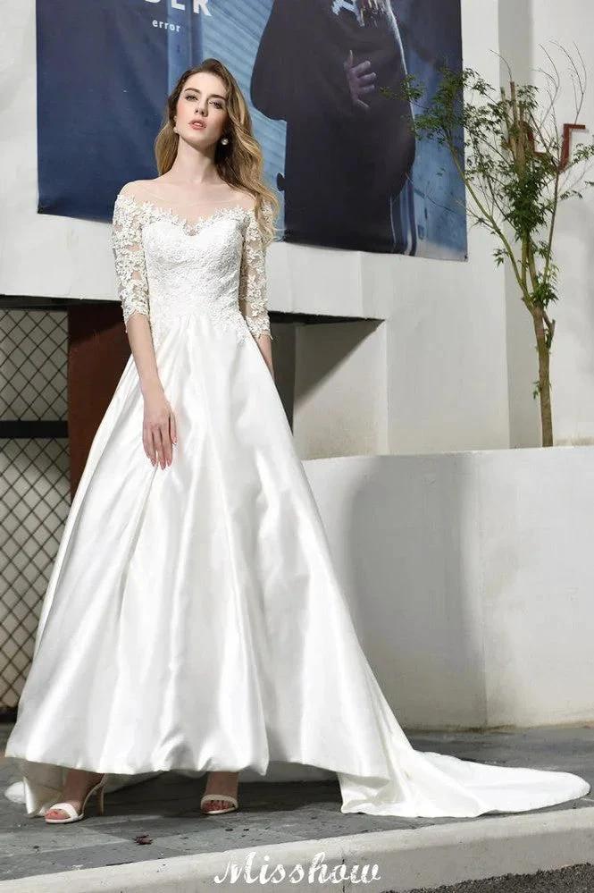 Stylish Lace Appliques Half Sleeves Aline Wedding Dress Floor Length Satin Dress for Bride - Image 6