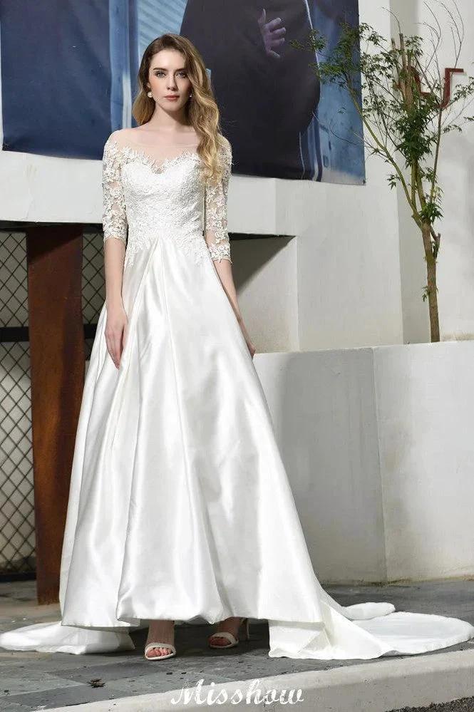Stylish Lace Appliques Half Sleeves Aline Wedding Dress Floor Length Satin Dress for Bride - Image 7