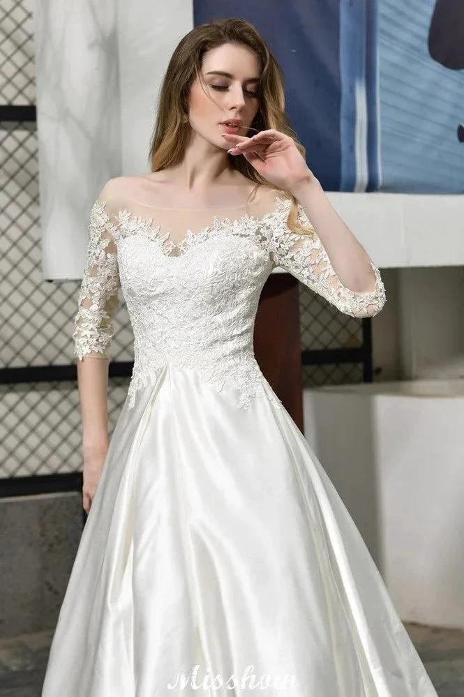 Stylish Lace Appliques Half Sleeves Aline Wedding Dress Floor Length Satin Dress for Bride - Image 8