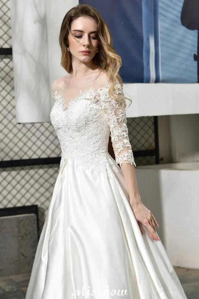 Stylish Lace Appliques Half Sleeves Aline Wedding Dress Floor Length Satin Dress for Bride - Image 9