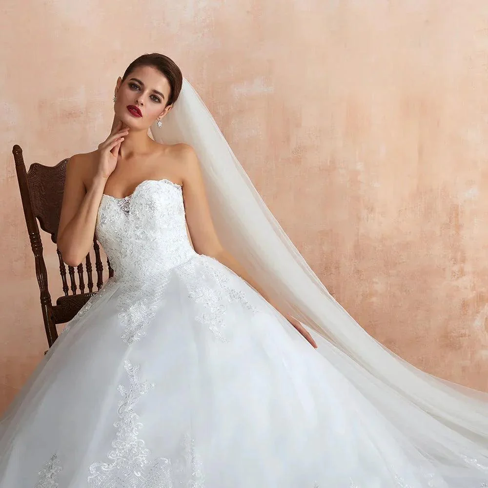 Stylish Long A-line Strapless Appliques Tulle Wedding Dress - Image 7