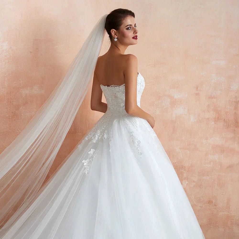 Stylish Long A-line Strapless Appliques Tulle Wedding Dress - Image 8