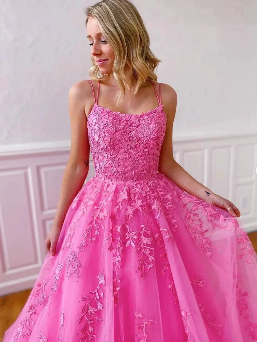 Stylish Long A-line Strapless Spaghetti Straps Tulle Lace Backless Formal Graduation Prom Dresses - Image 2