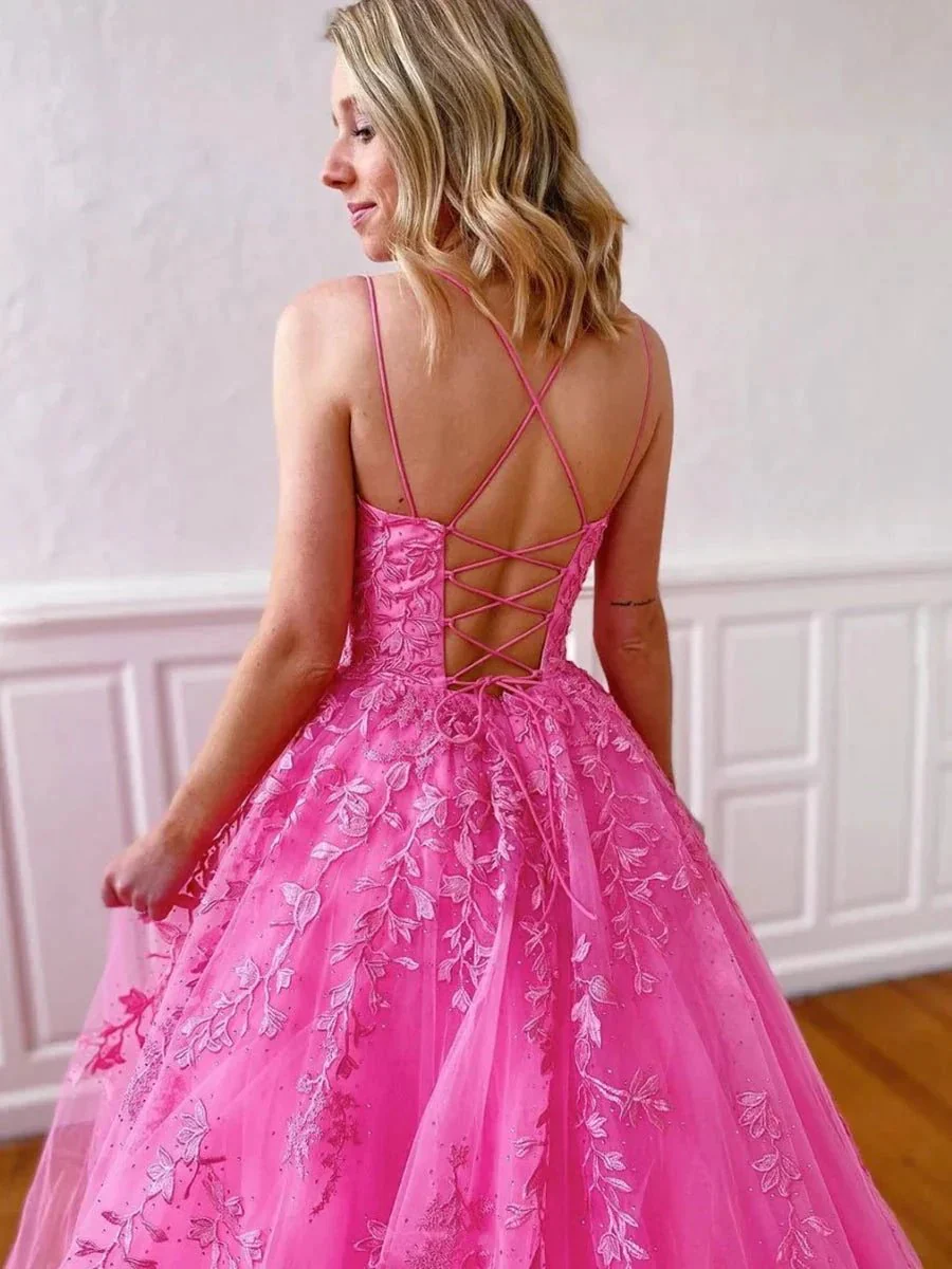 Stylish Long A-line Strapless Spaghetti Straps Tulle Lace Backless Formal Graduation Prom Dresses - Image 3