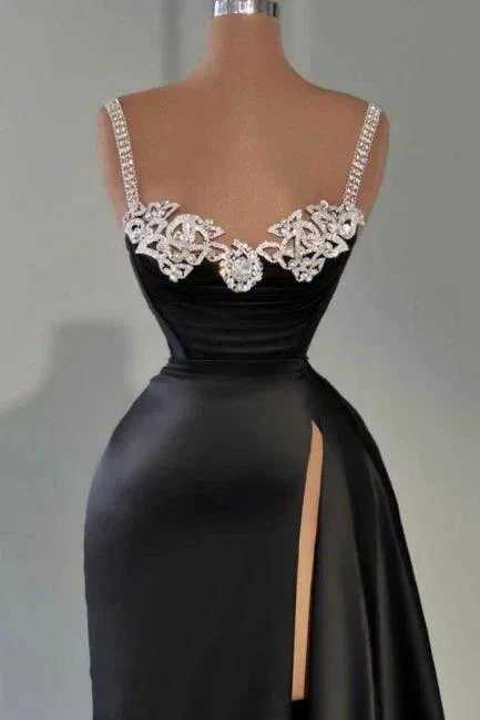 Stylish Long Black A-line Sleeveless Satin Split Front Prom Dress with Jewels - Image 2