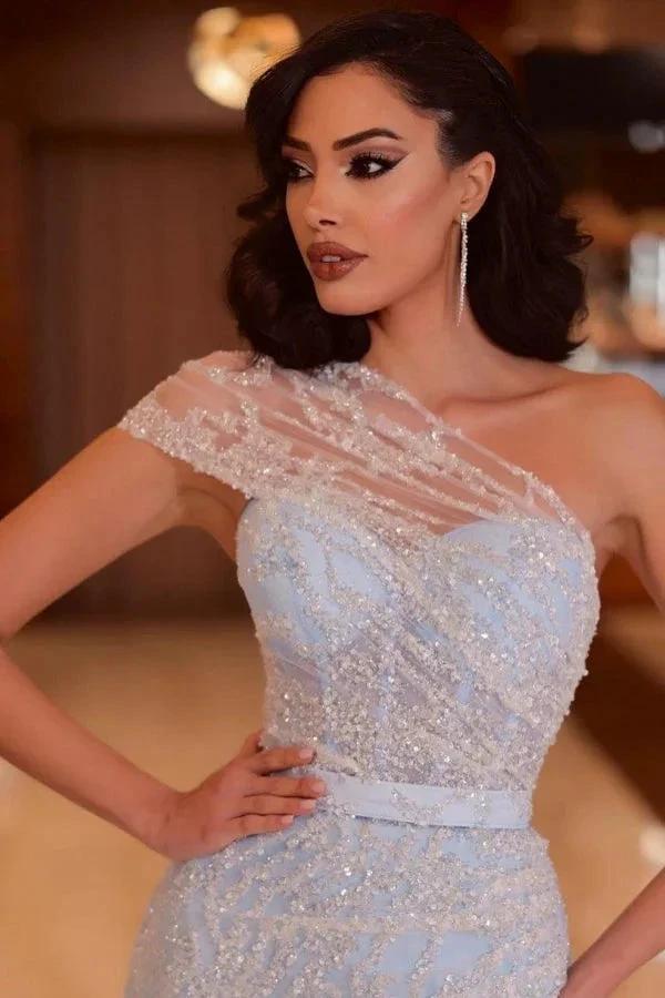 Stylish Long Blue One Shoulder Beading Lace Prom Dress with Slit - Image 2