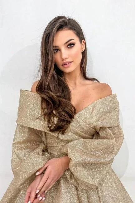Stylish Long Champagne A-line Off-the-shoulder Long Sleeves Prom Dress with Glitter - Image 2