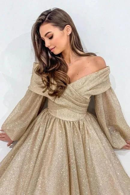 Stylish Long Champagne A-line Off-the-shoulder Long Sleeves Prom Dress with Glitter - Image 3