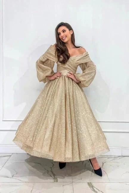 Stylish Long Champagne A-line Off-the-shoulder Long Sleeves Prom Dress with Glitter - Image 4