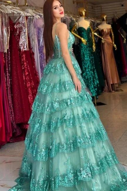Stylish Long Green A-line Spaghetti Straps Sequined Lace Prom Dress - Image 2