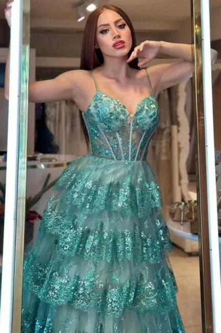 Stylish Long Green A-line Spaghetti Straps Sequined Lace Prom Dress - Image 3