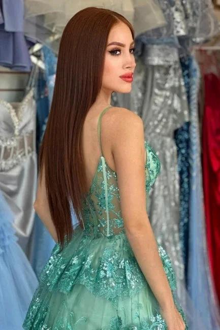 Stylish Long Green A-line Spaghetti Straps Sequined Lace Prom Dress - Image 4
