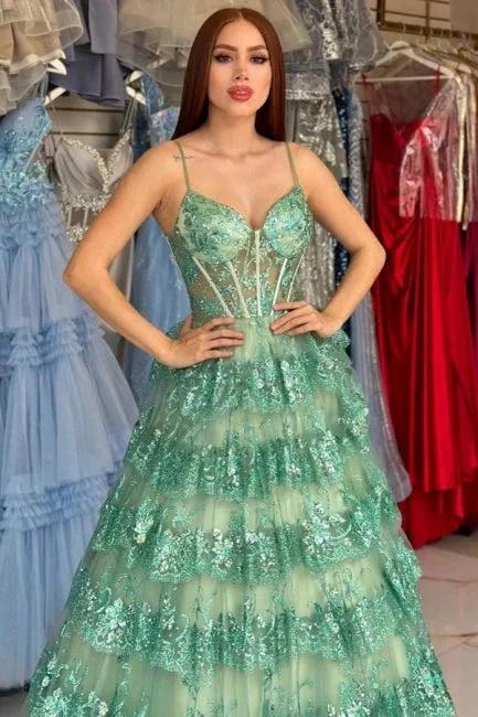 Stylish Long Green A-line Spaghetti Straps Sequined Lace Prom Dress - Image 5