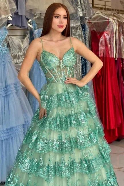 Stylish Long Green A-line Spaghetti Straps Sequined Lace Prom Dress - Image 6