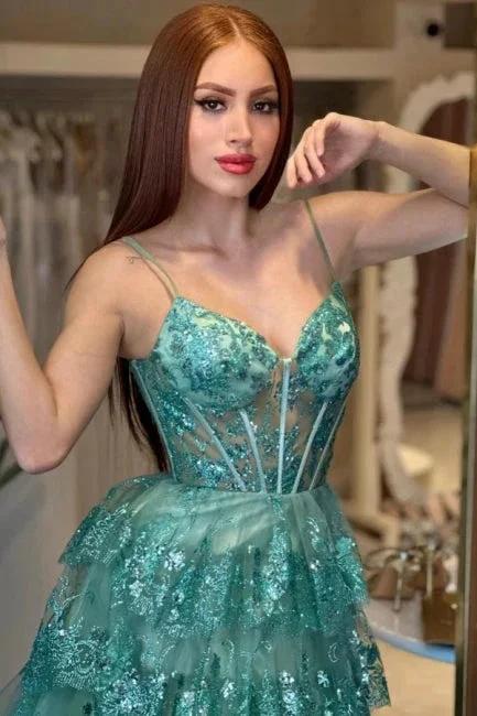 Stylish Long Green A-line Spaghetti Straps Sequined Lace Prom Dress - Image 7