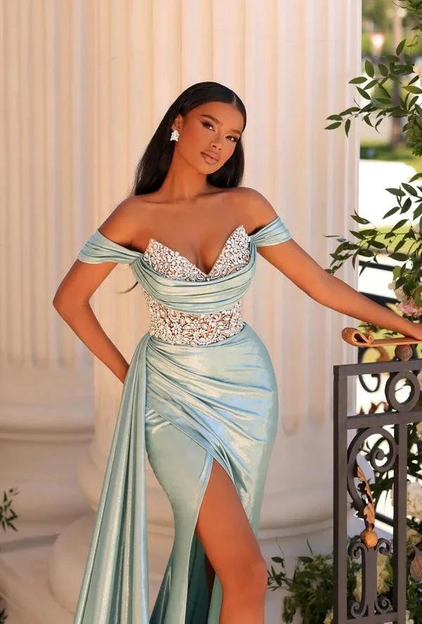 Stylish Long Mermaid Off-the-shoulder V-neck Lace Rhinestones Prom Dress with Slit - Image 2