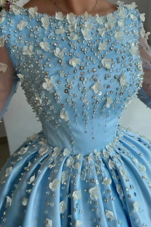 Stylish Long Sky Blue A-line Satin Rhinestones Prom Dress with Long Sleeves - Image 2