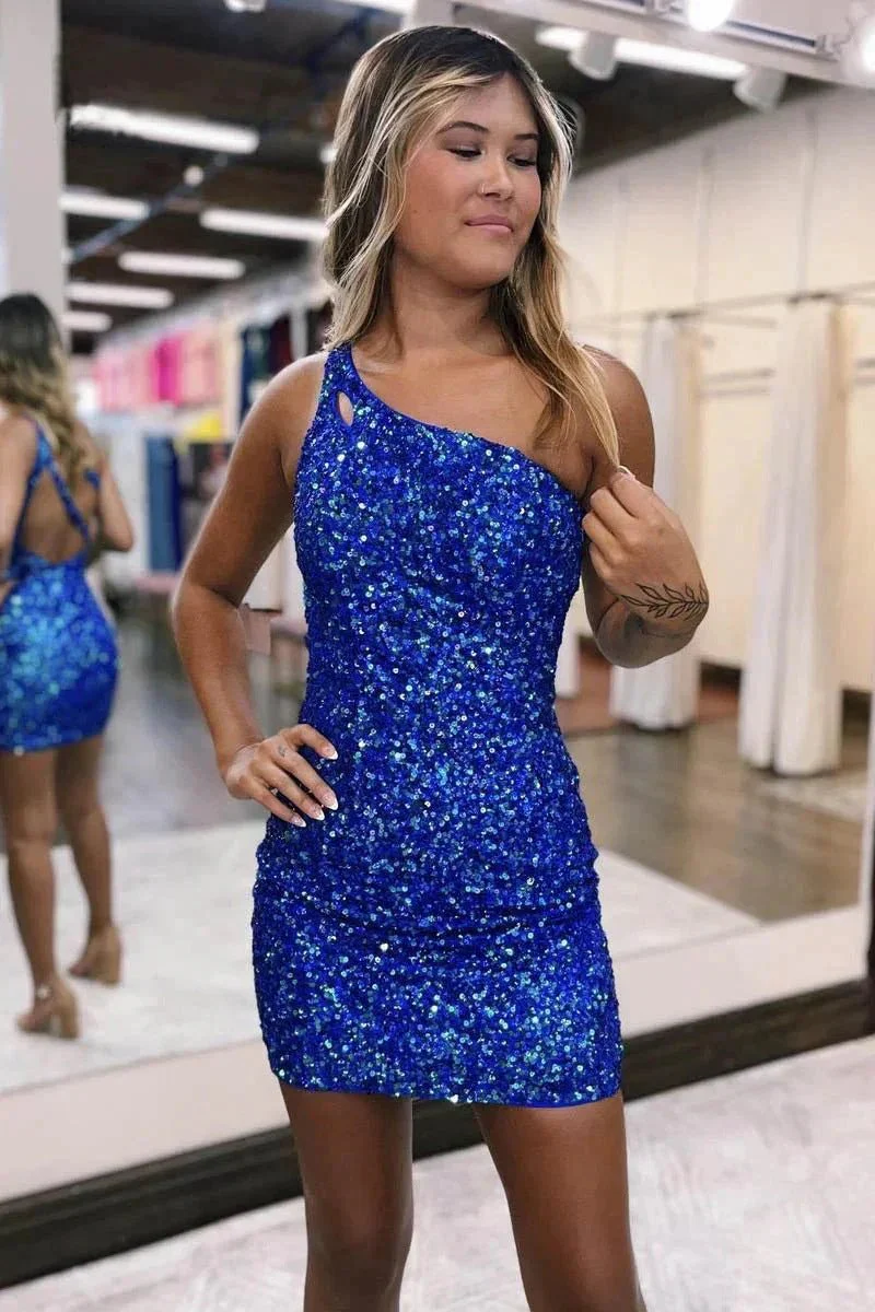Stylish One Shoulder Sparkly Sleeveless Mini Cocktail Homecoming Dress PD494 - Image 3