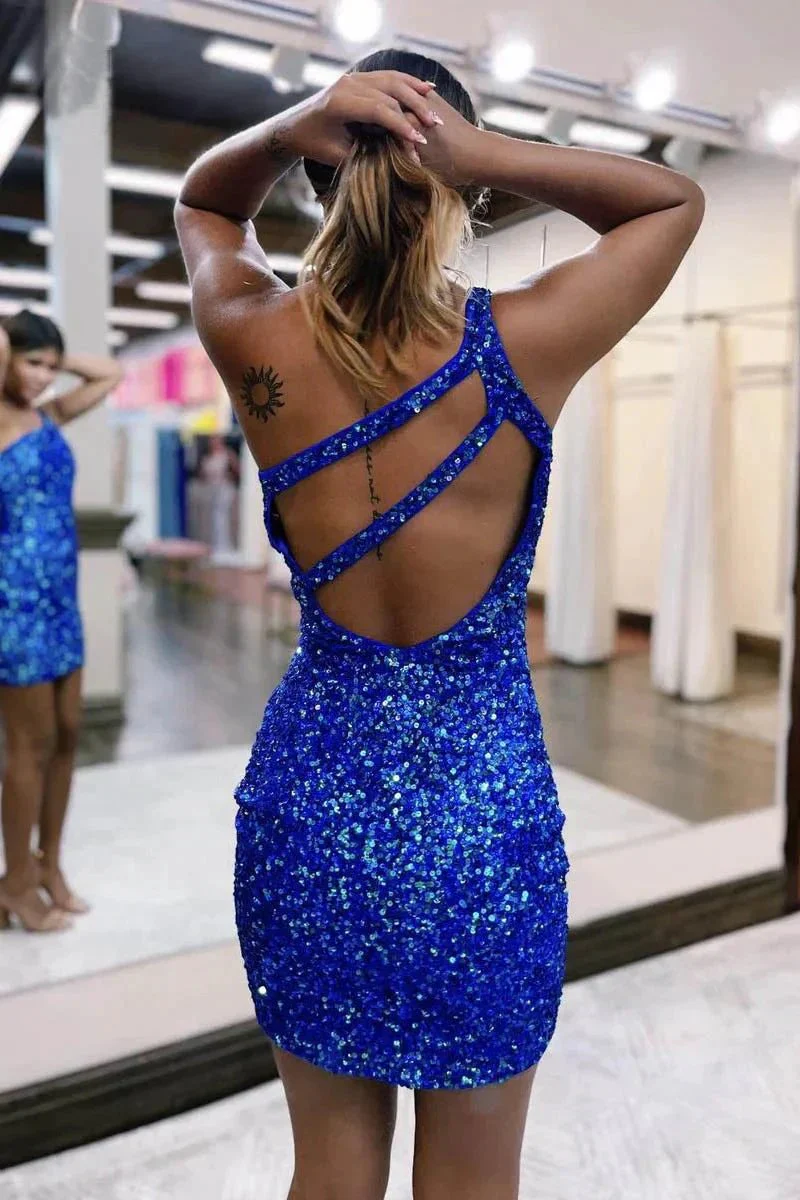 Stylish One Shoulder Sparkly Sleeveless Mini Cocktail Homecoming Dress PD494 - Image 4