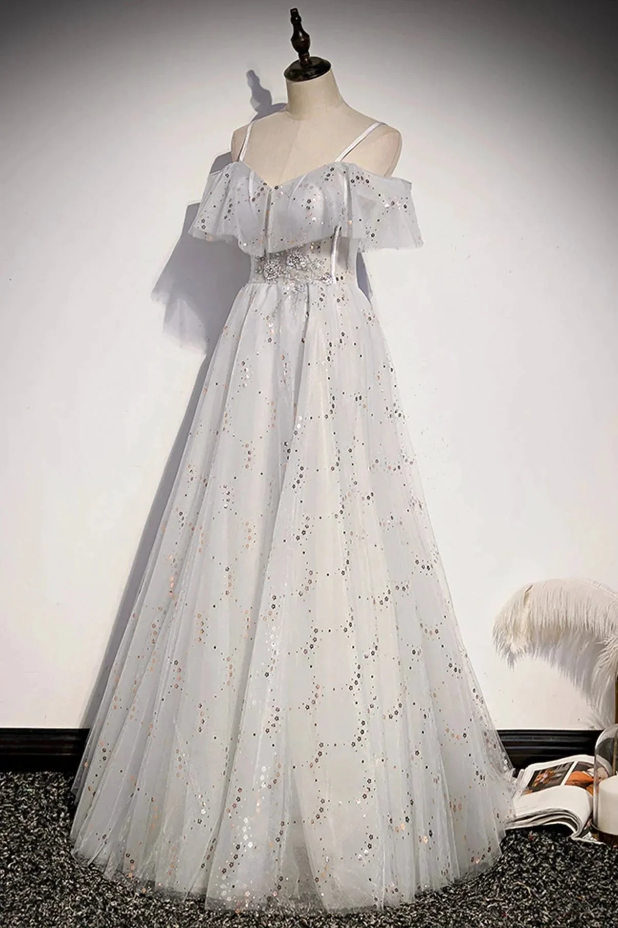 Stylish tulle sequins long A line prom dress evening dress s71 - Image 2