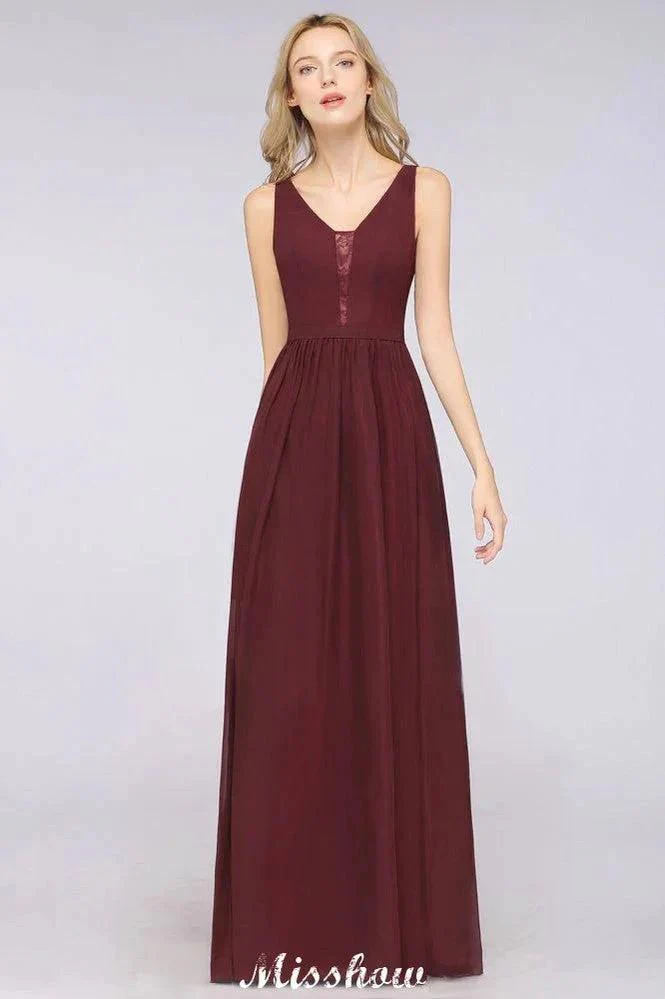 Stylish V-Neck aline Evening Maxi Gown Chiffon Sleeveless Bridesmaid Dress Burgundy - Image 3