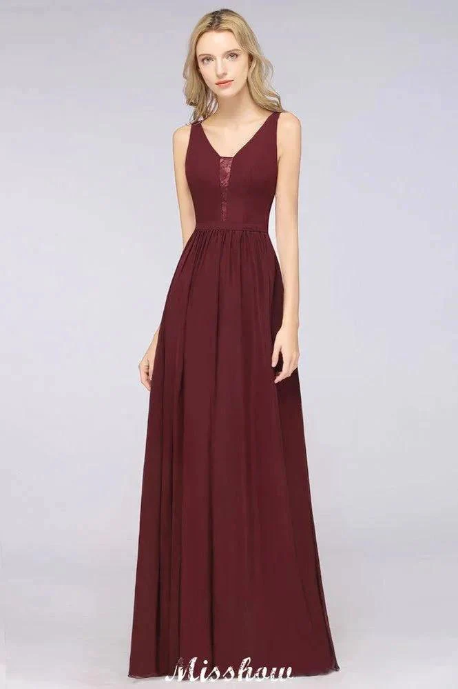 Stylish V-Neck aline Evening Maxi Gown Chiffon Sleeveless Bridesmaid Dress Burgundy - Image 4