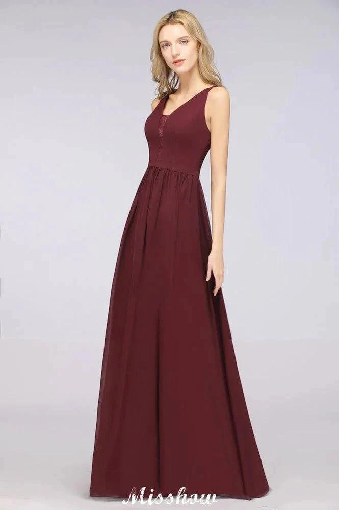 Stylish V-Neck aline Evening Maxi Gown Chiffon Sleeveless Bridesmaid Dress Burgundy - Image 5