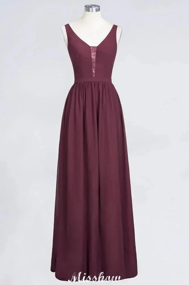 Stylish V-Neck aline Evening Maxi Gown Chiffon Sleeveless Bridesmaid Dress Burgundy - Image 9