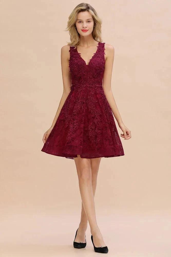 Stylish V-Neck Floral Appliques Homecoming Dress Knee-Length Sleeveless Party Dress - Image 7