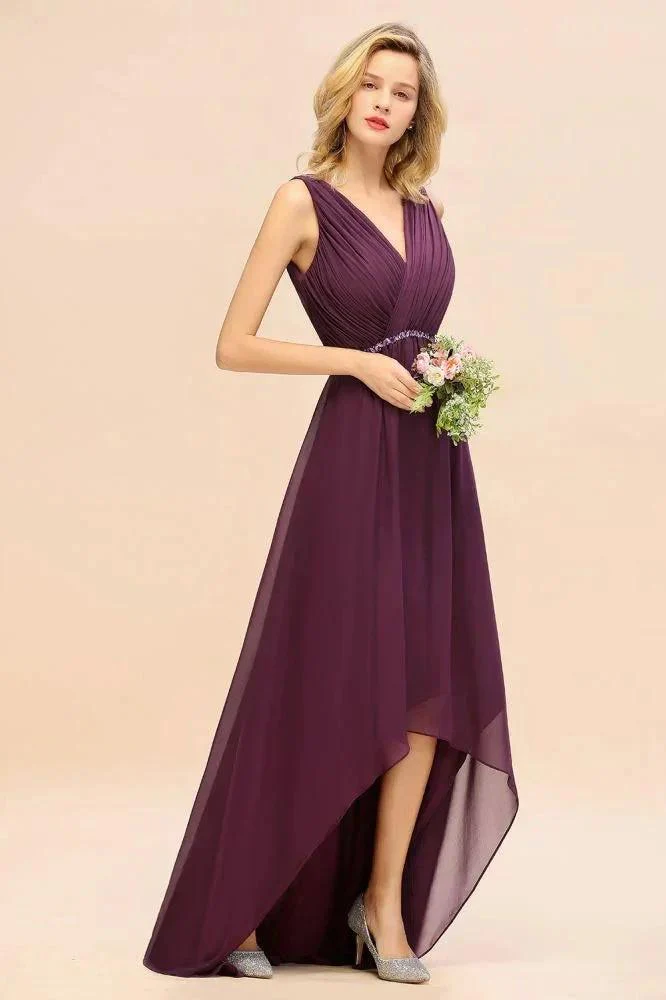 Stylish V-Neck Hi-Lo Party Dress A-line Beads Chiffon Bridesmaid Dress - Image 3