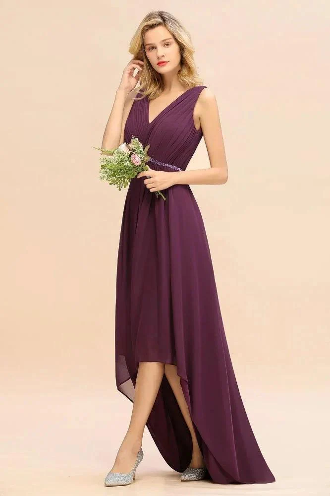Stylish V-Neck Hi-Lo Party Dress A-line Beads Chiffon Bridesmaid Dress - Image 4