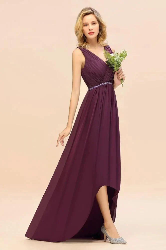 Stylish V-Neck Hi-Lo Party Dress A-line Beads Chiffon Bridesmaid Dress - Image 6