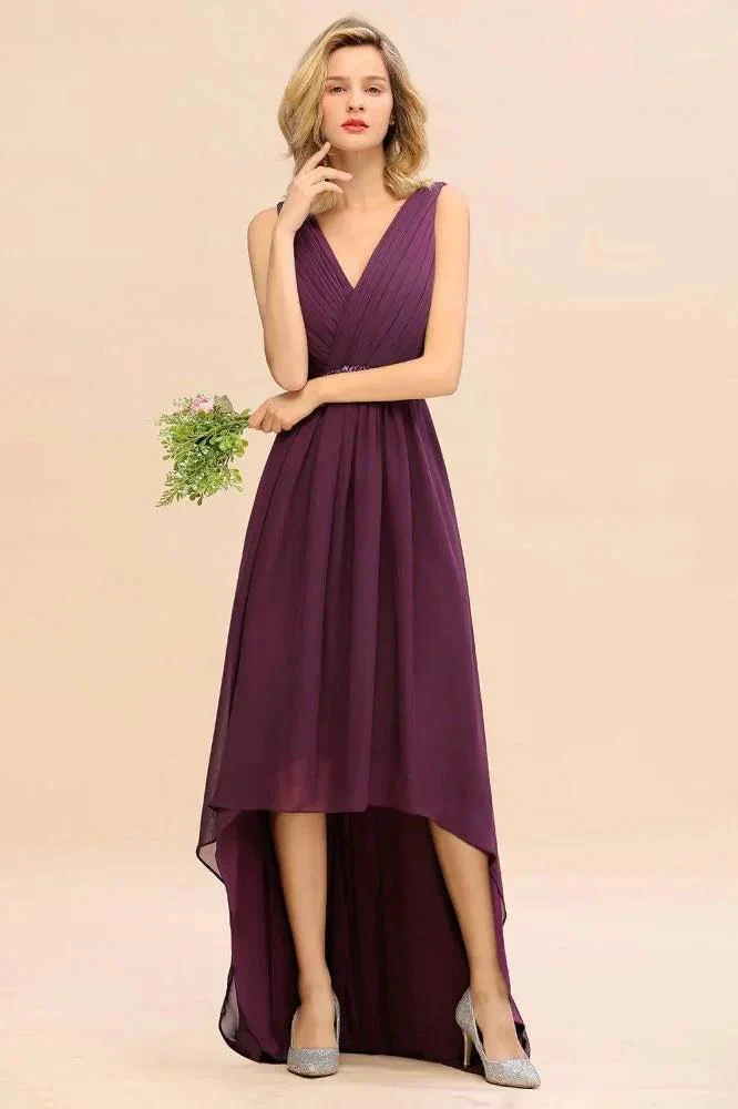 Stylish V-Neck Hi-Lo Party Dress A-line Beads Chiffon Bridesmaid Dress - Image 7