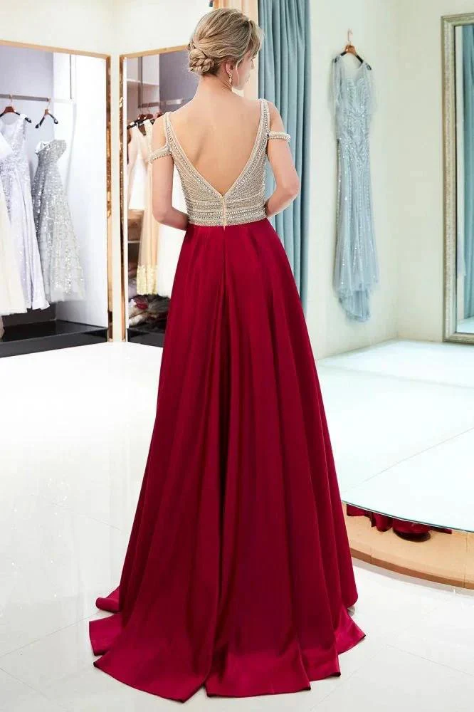 Stylish V-neck Sleeveless Burgundy Crystal Beading A-line Evening Dress - Image 2