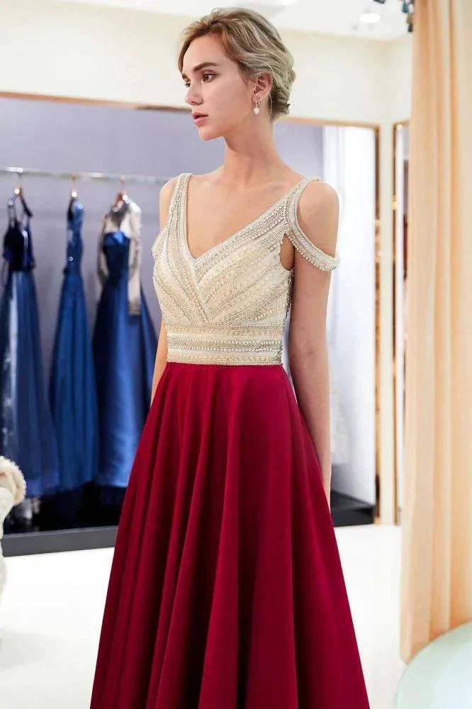Stylish V-neck Sleeveless Burgundy Crystal Beading A-line Evening Dress - Image 3