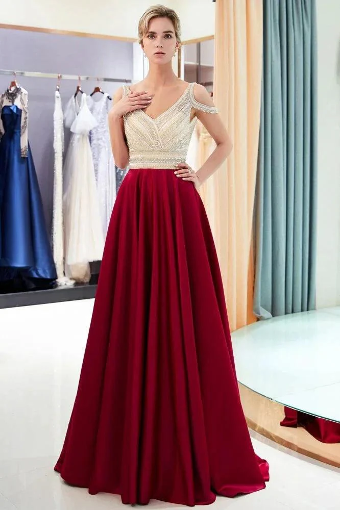 Stylish V-neck Sleeveless Burgundy Crystal Beading A-line Evening Dress - Image 4