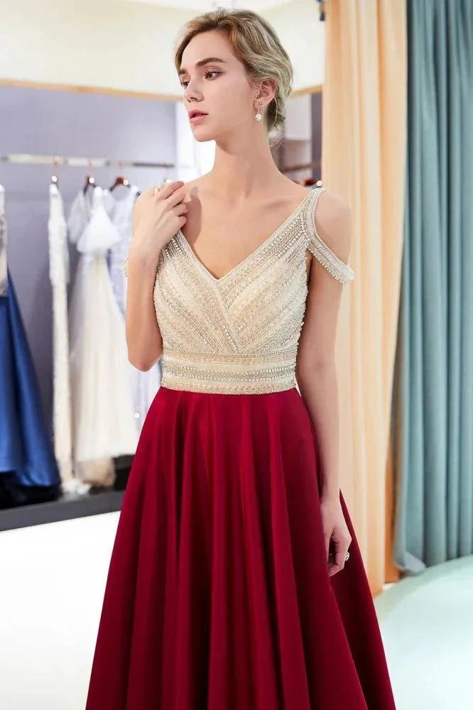 Stylish V-neck Sleeveless Burgundy Crystal Beading A-line Evening Dress - Image 5