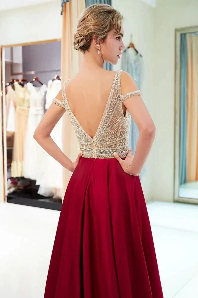 Stylish V-neck Sleeveless Burgundy Crystal Beading A-line Evening Dress - Image 6