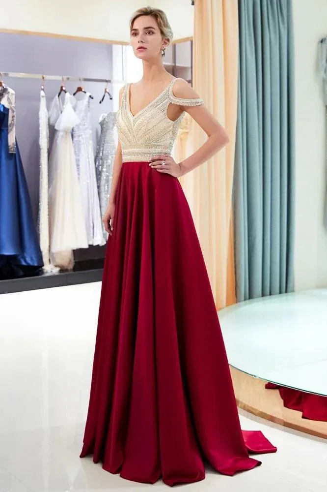 Stylish V-neck Sleeveless Burgundy Crystal Beading A-line Evening Dress - Image 7