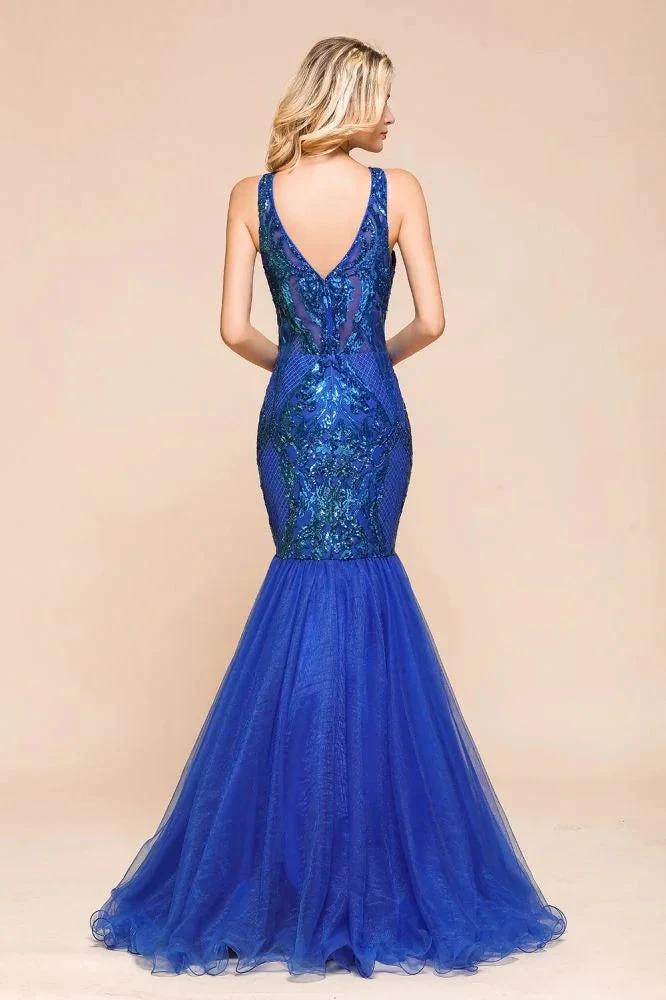 Stylish V-Neck Sparkly Sequined Mermaid Prom Dress Sleeveless Floor Length Ruffy Evening Gown - Image 2