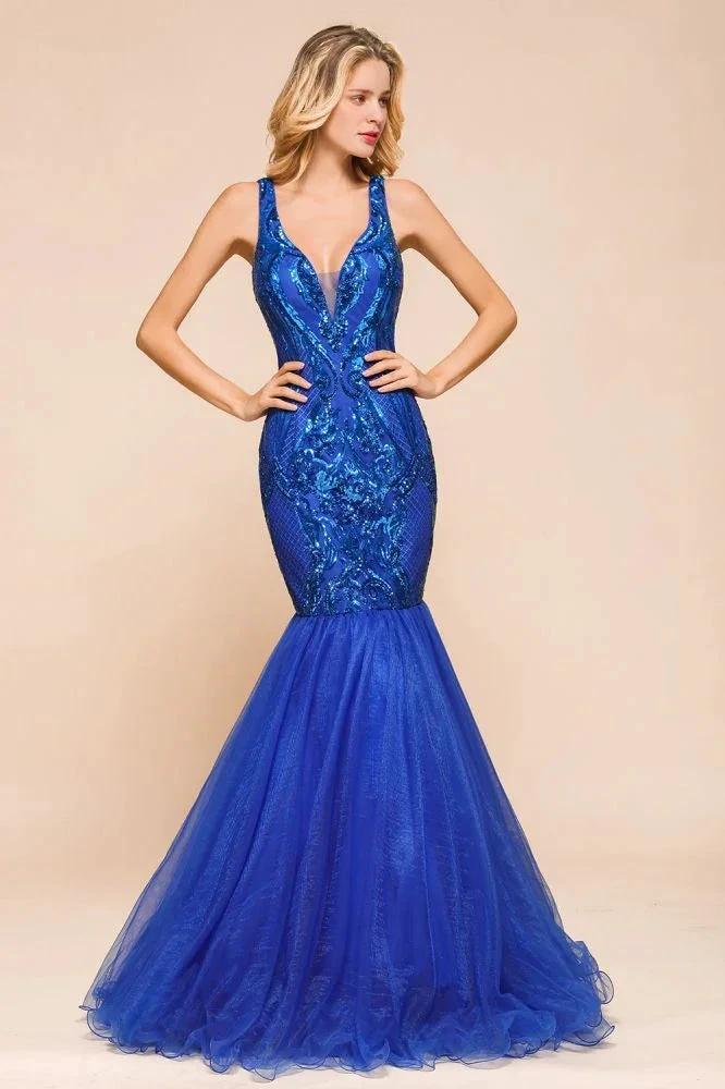 Stylish V-Neck Sparkly Sequined Mermaid Prom Dress Sleeveless Floor Length Ruffy Evening Gown - Image 3