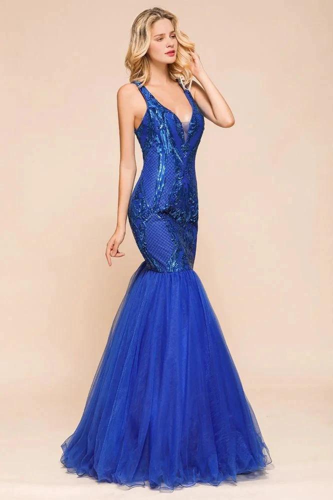 Stylish V-Neck Sparkly Sequined Mermaid Prom Dress Sleeveless Floor Length Ruffy Evening Gown - Image 6