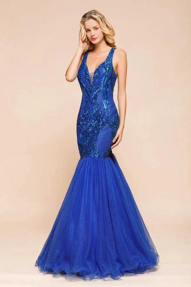 Stylish V-Neck Sparkly Sequined Mermaid Prom Dress Sleeveless Floor Length Ruffy Evening Gown - Image 7