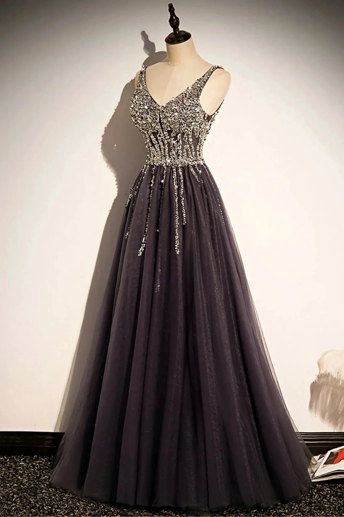 Stylish v neck tulle long prom dress A line evening dress s76 - Image 3